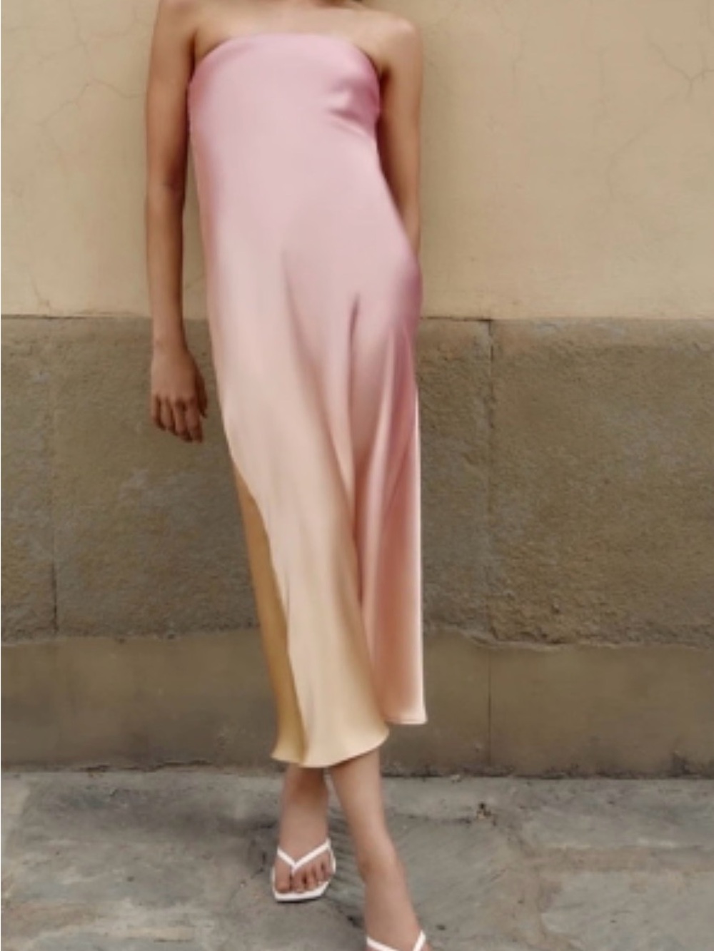 Zara Strapless Ombre Pink to Cream Satin Midi Dress